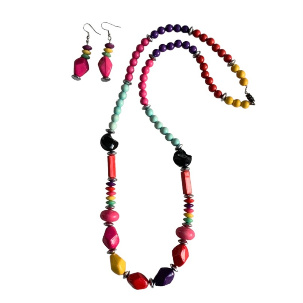 Acrylic Beaded Multicolored Necklace And Earrings